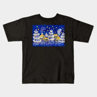 Christmas picture - winter landscape with golden houses and silver fir-trees on blue background Kids T-Shirt